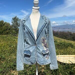 Vintage 90s Retro Department of Peace Embellished Beaded Floral Denim Blazer